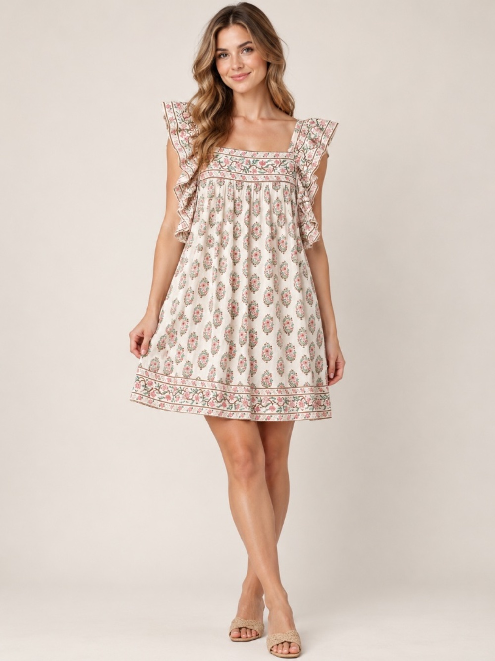 Hannah Artwear Divya Floral Block Print Ruffle Cotton Mini Dress Size 2 Medium